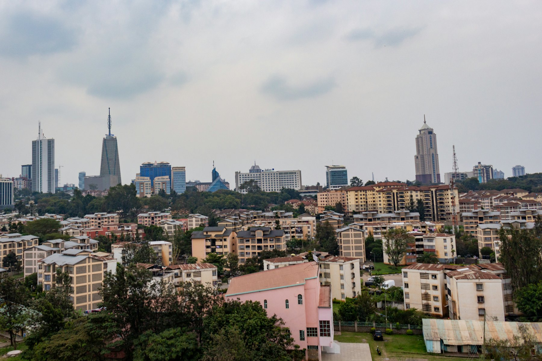 Nairobi seen from the west, with apartment blocks and the city centre towers